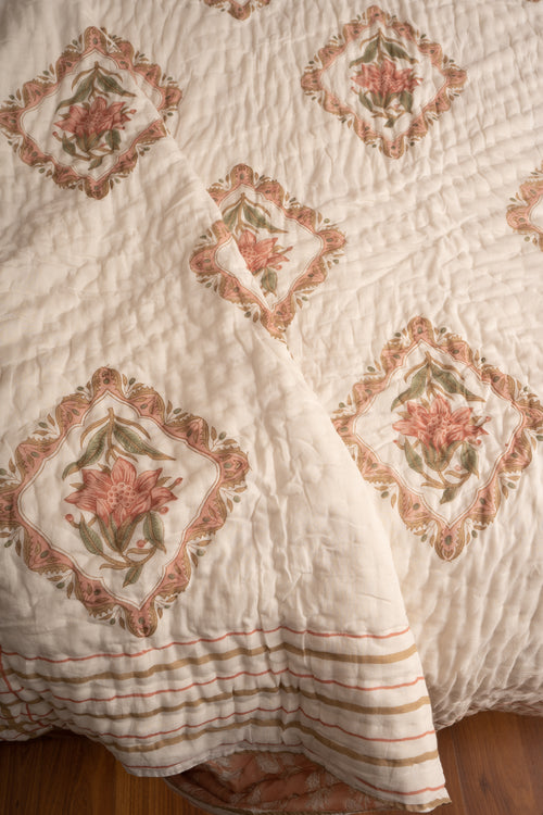 Aboli Peach Green Frame Reversible Mulmul Cotton Quilt