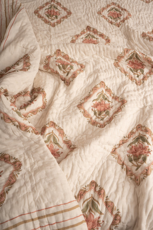 Aboli Peach Green Frame Reversible Mulmul Cotton Quilt