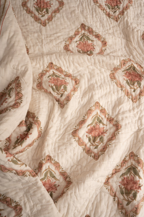 Aboli Peach Green Frame Reversible Mulmul Cotton Quilt