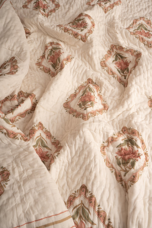 Aboli Peach Green Frame Reversible Mulmul Cotton Quilt