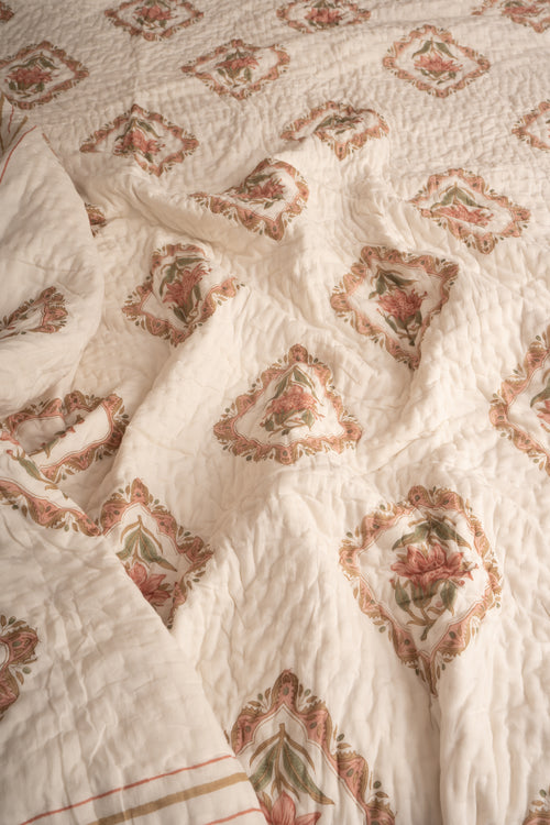Aboli Peach Green Frame Reversible Mulmul Cotton Quilt