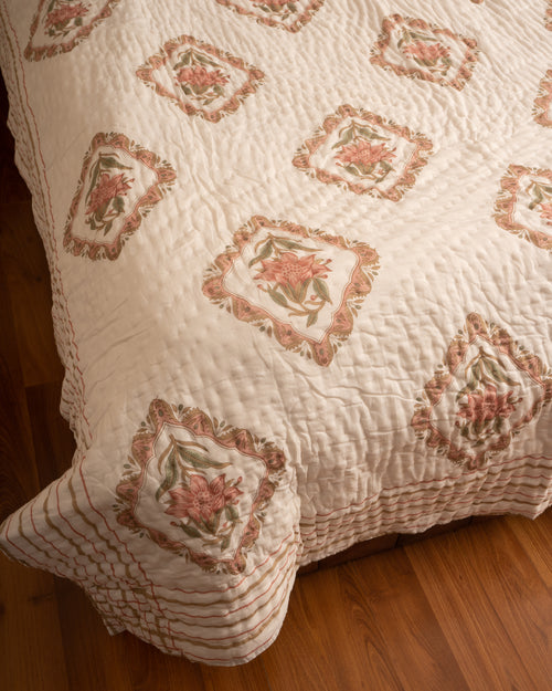 Aboli Peach Green Frame Reversible Mulmul Cotton Quilt