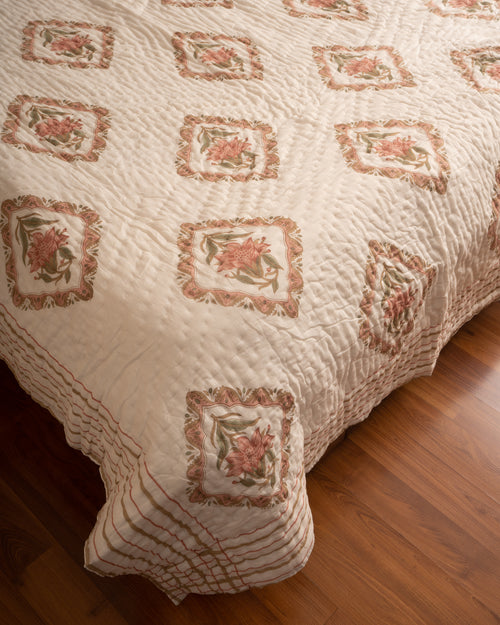 Aboli Peach Green Frame Reversible Mulmul Cotton Quilt