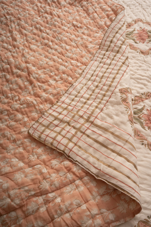 Aboli Peach Green Frame Reversible Mulmul Cotton Quilt