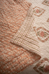 Aboli Peach Green Frame Reversible Mulmul Cotton Quilt