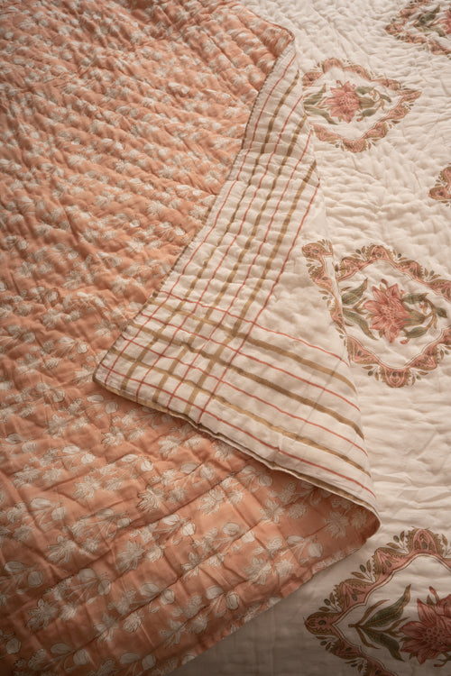 Aboli Peach Green Frame Reversible Mulmul Cotton Quilt