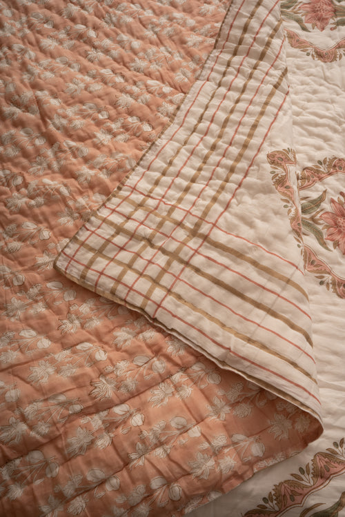 Aboli Peach Green Frame Reversible Mulmul Cotton Quilt