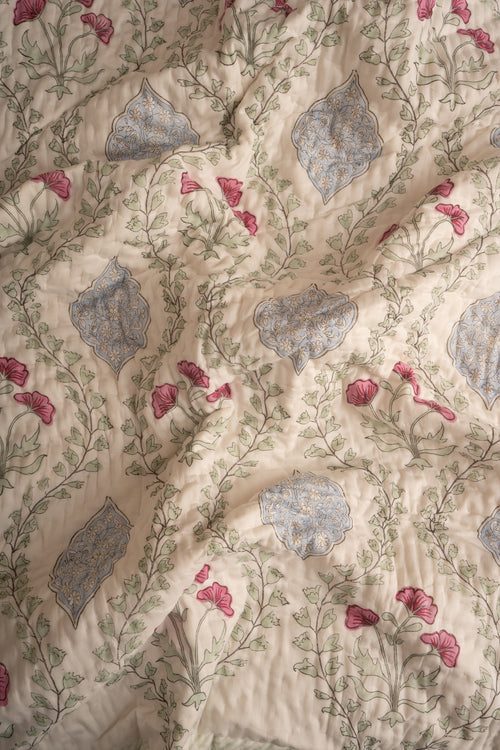 Blue Pink Frame Jaal Reversible Mulmul Cotton Quilt
