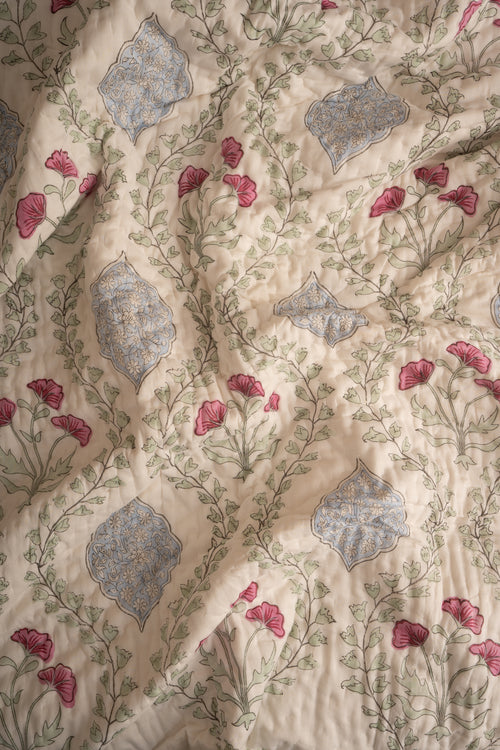 Blue Pink Frame Jaal Reversible Mulmul Cotton Quilt