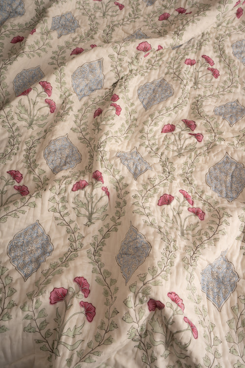 Blue Pink Frame Jaal Reversible Mulmul Cotton Quilt