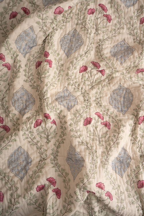 Blue Pink Frame Jaal Reversible Mulmul Cotton Quilt