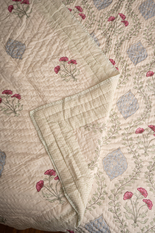 Blue Pink Frame Jaal Reversible Mulmul Cotton Quilt