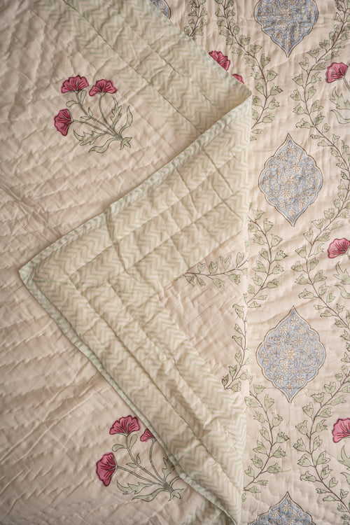 Blue Pink Frame Jaal Reversible Mulmul Cotton Quilt