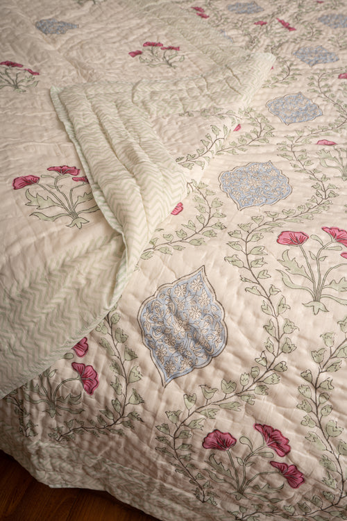 Blue Pink Frame Jaal Reversible Mulmul Cotton Quilt
