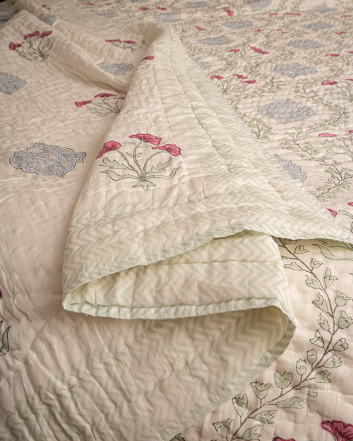 Blue Pink Frame Jaal Reversible Mulmul Cotton Quilt