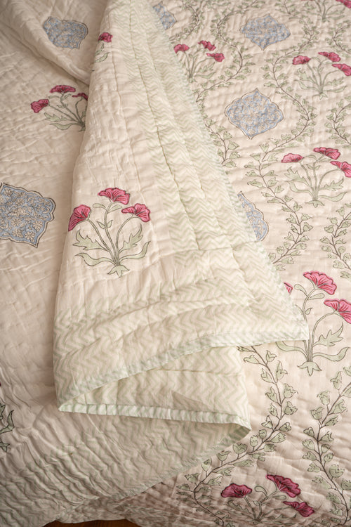 Blue Pink Frame Jaal Reversible Mulmul Cotton Quilt