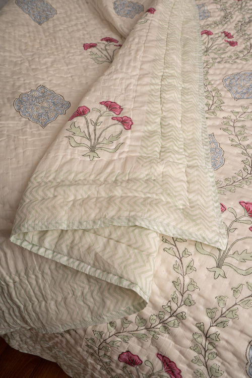 Blue Pink Frame Jaal Reversible Mulmul Cotton Quilt