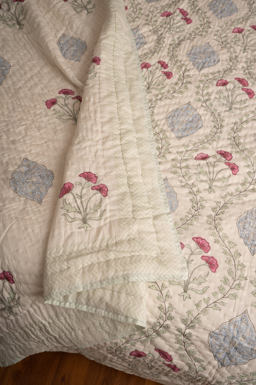 Blue Pink Frame Jaal Reversible Mulmul Cotton Quilt