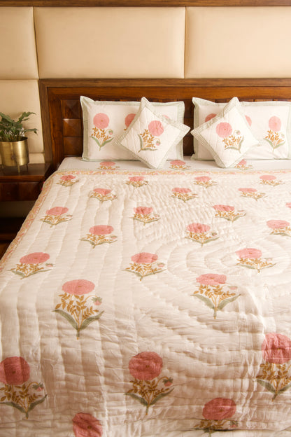 Pink Marigold Bedsheet & Quilt Set