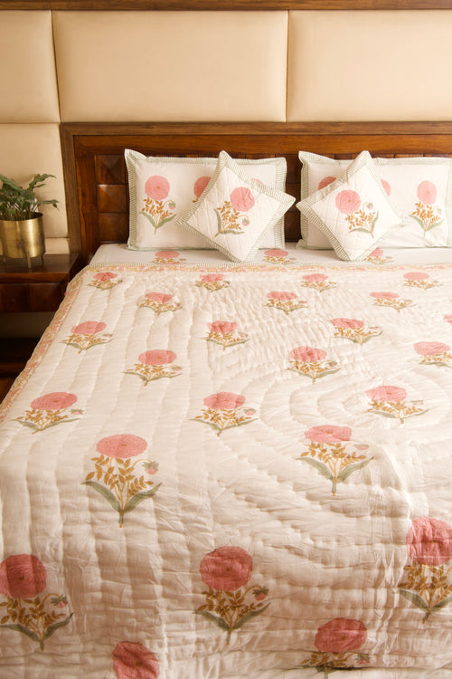 Pink Marigold Bedsheet & Quilt Set