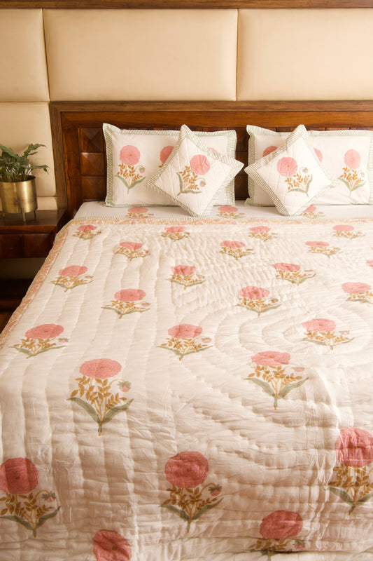 Pink Marigold Reversible Mulmul Cotton Quilt-King Size