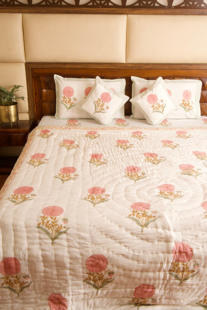 Pink Marigold Bedsheet & Quilt Set