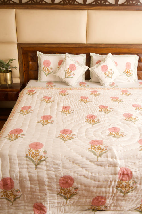 Pink Marigold Bedsheet & Quilt Set