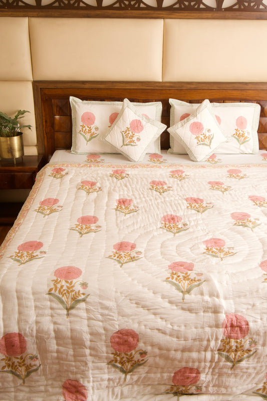 Pink Marigold Bedsheet & Quilt Set