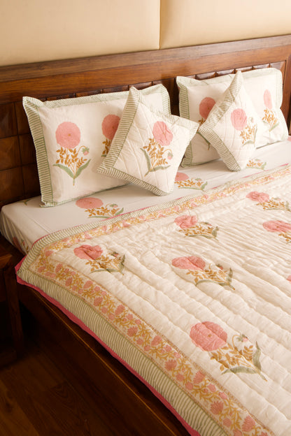 Pink Marigold Bedsheet & Quilt Set