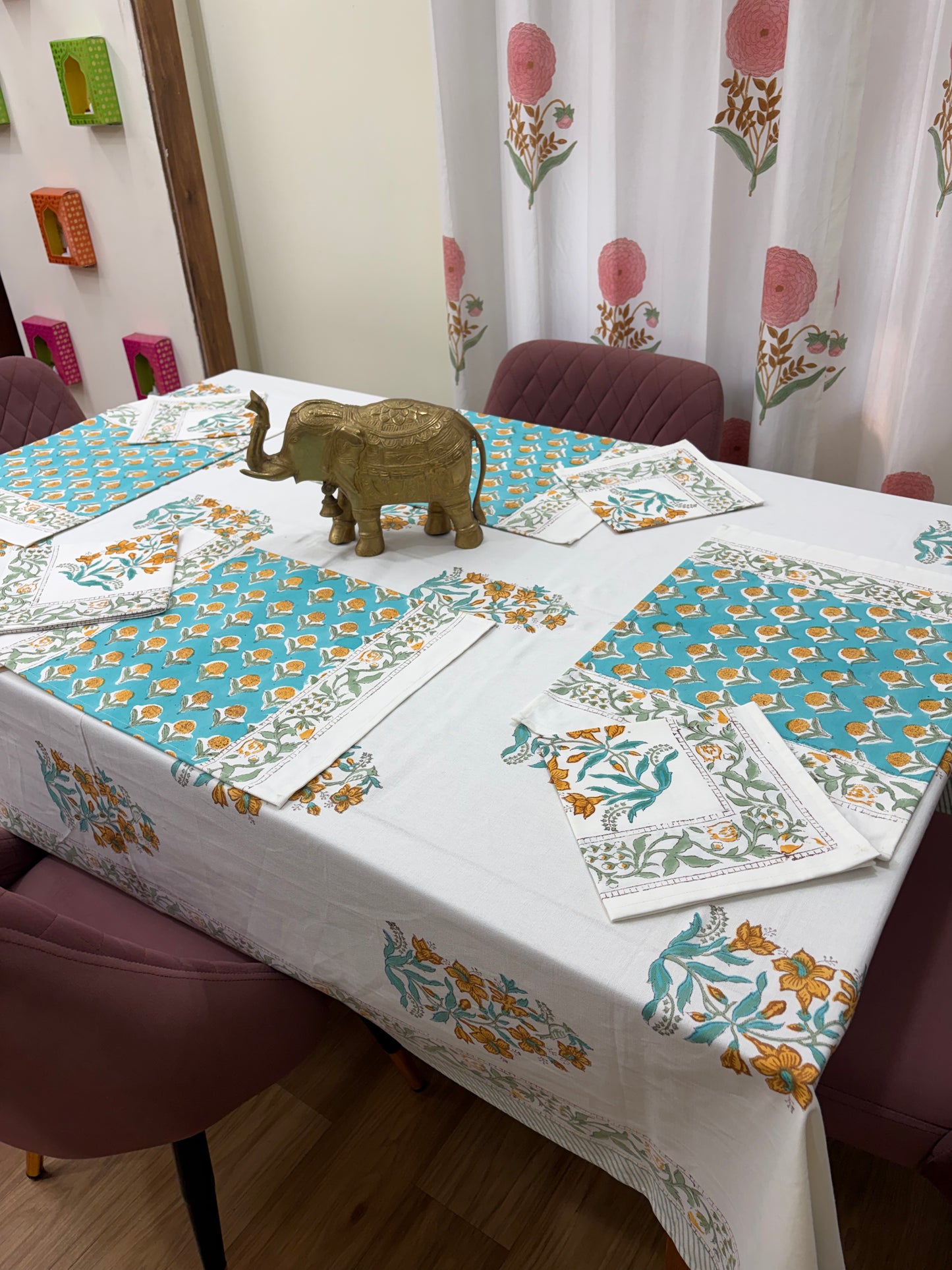 Turquoise Mustard Baugh Table Cover, Mat & Napkin Set