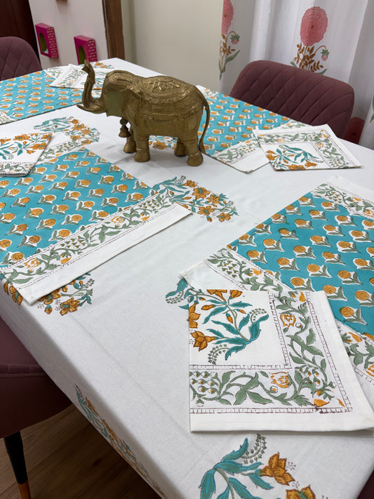 Turquoise Mustard Baugh Table Cover, Mat & Napkin Set
