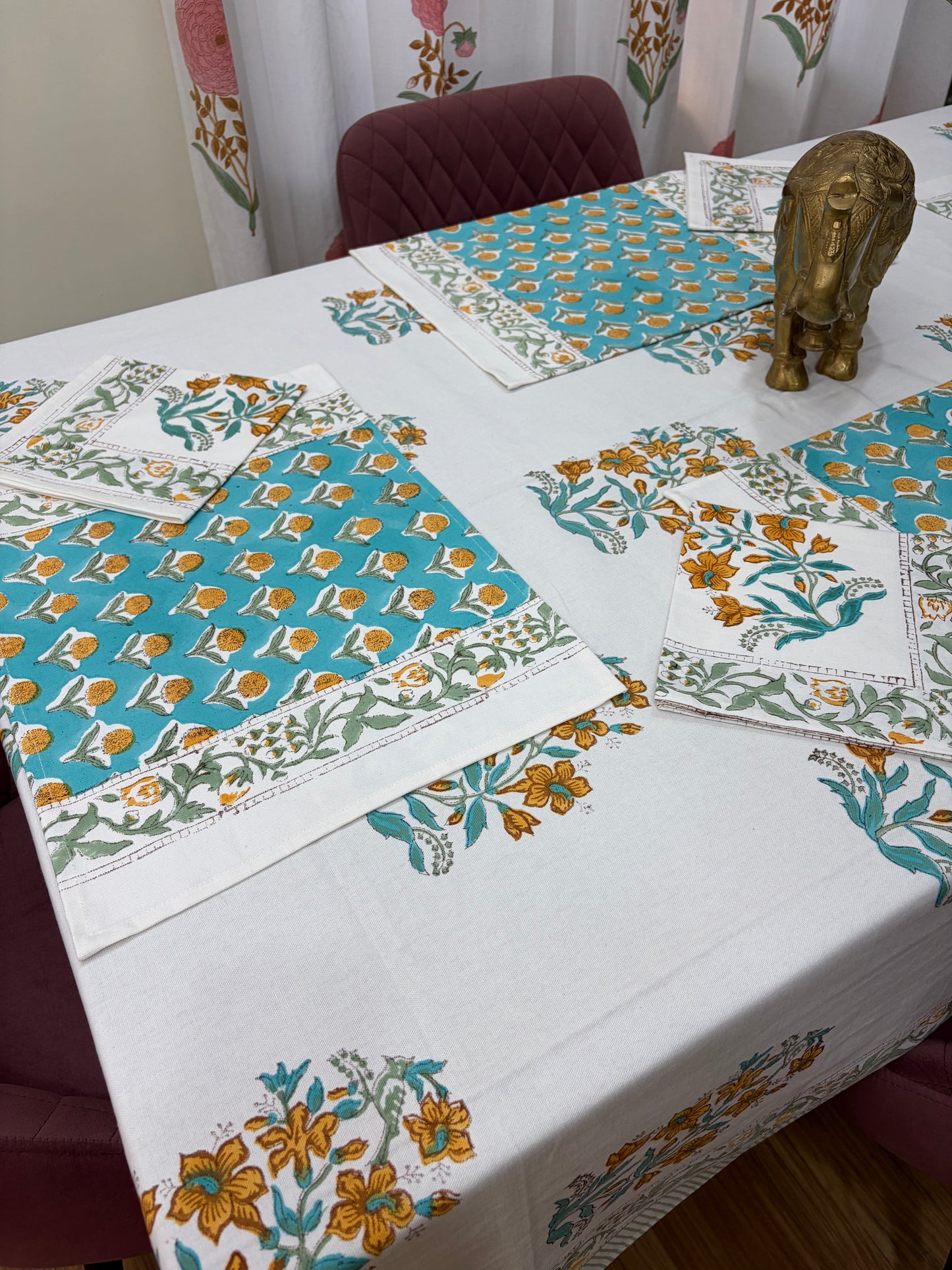 Turquoise Mustard Baugh Table Cover, Mat & Napkin Set