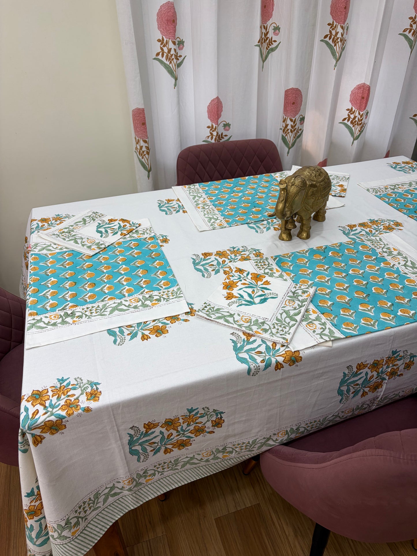 Turquoise Mustard Baugh Table Cover, Mat & Napkin Set