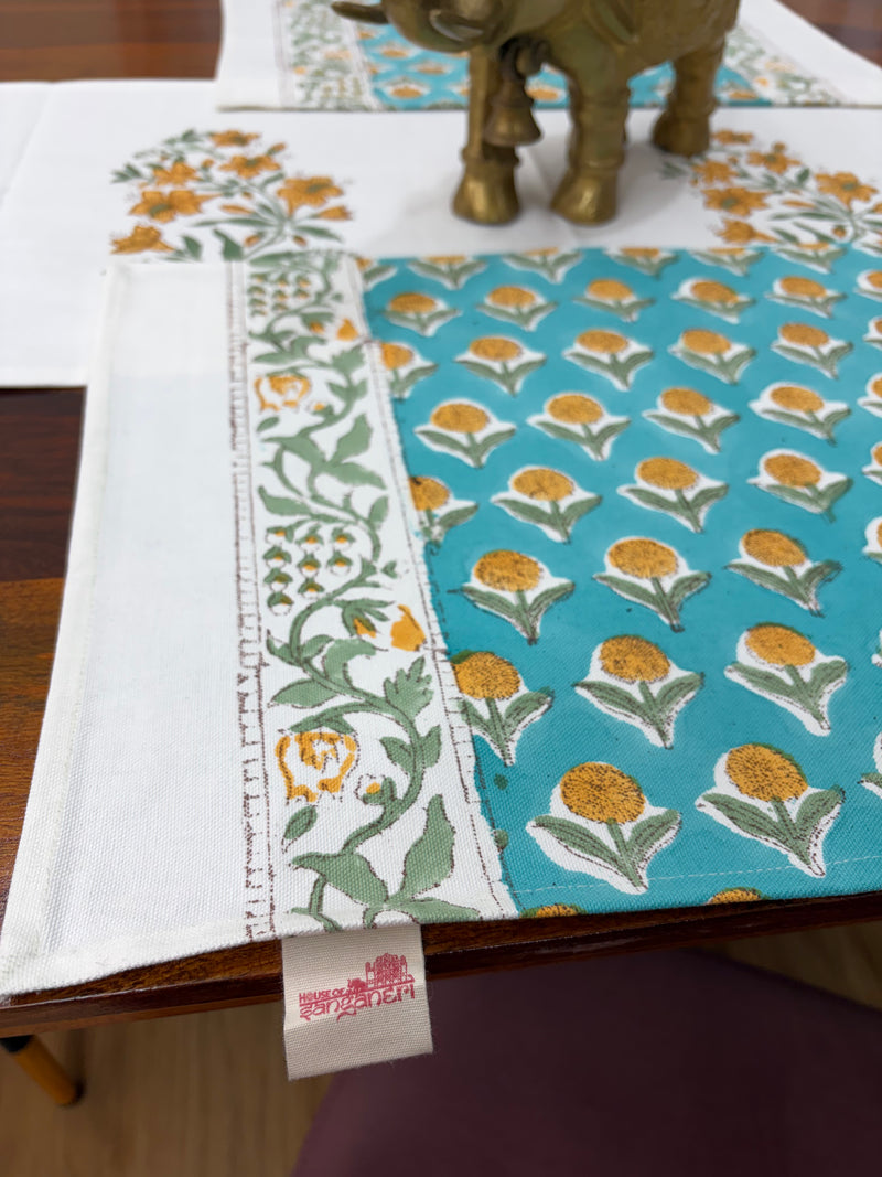 Turquoise Mustard Baugh Table Runner, Mat & Napkin Set