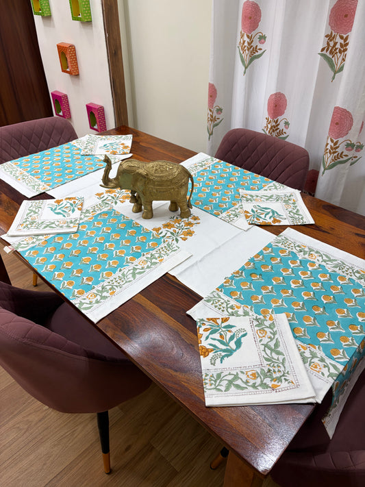 Turquoise Mustard Baugh Table Runner, Mat & Napkin Set