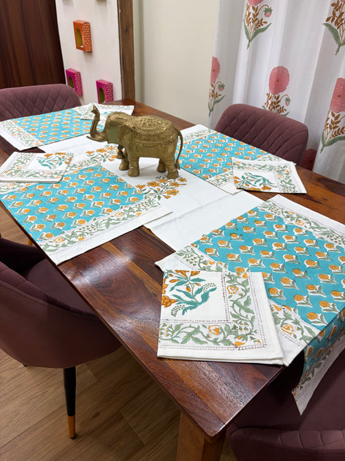 Turquoise Mustard Baugh Table Runner, Mat & Napkin Set