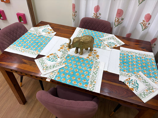 Turquoise Mustard Baugh Table Runner, Mat & Napkin Set