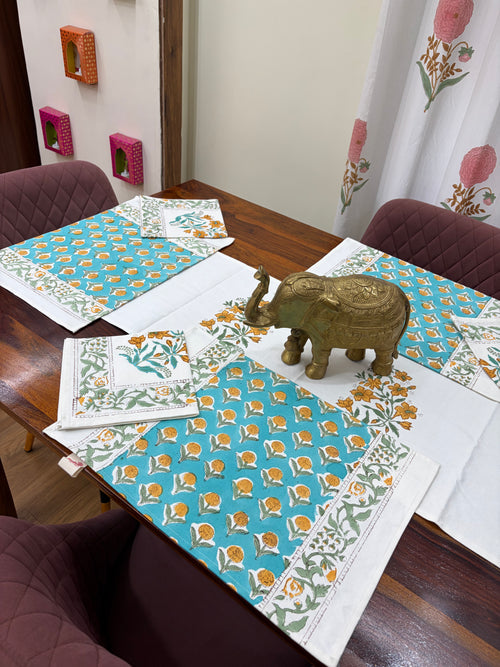 Turquoise Mustard Baugh Table Runner, Mat & Napkin Set