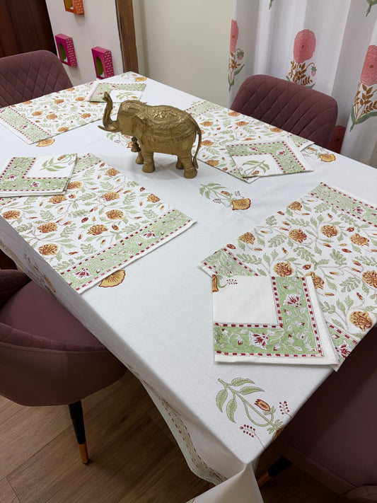 Yellow Green Mughal Jaal Table Cover, Mat & Napkin Set