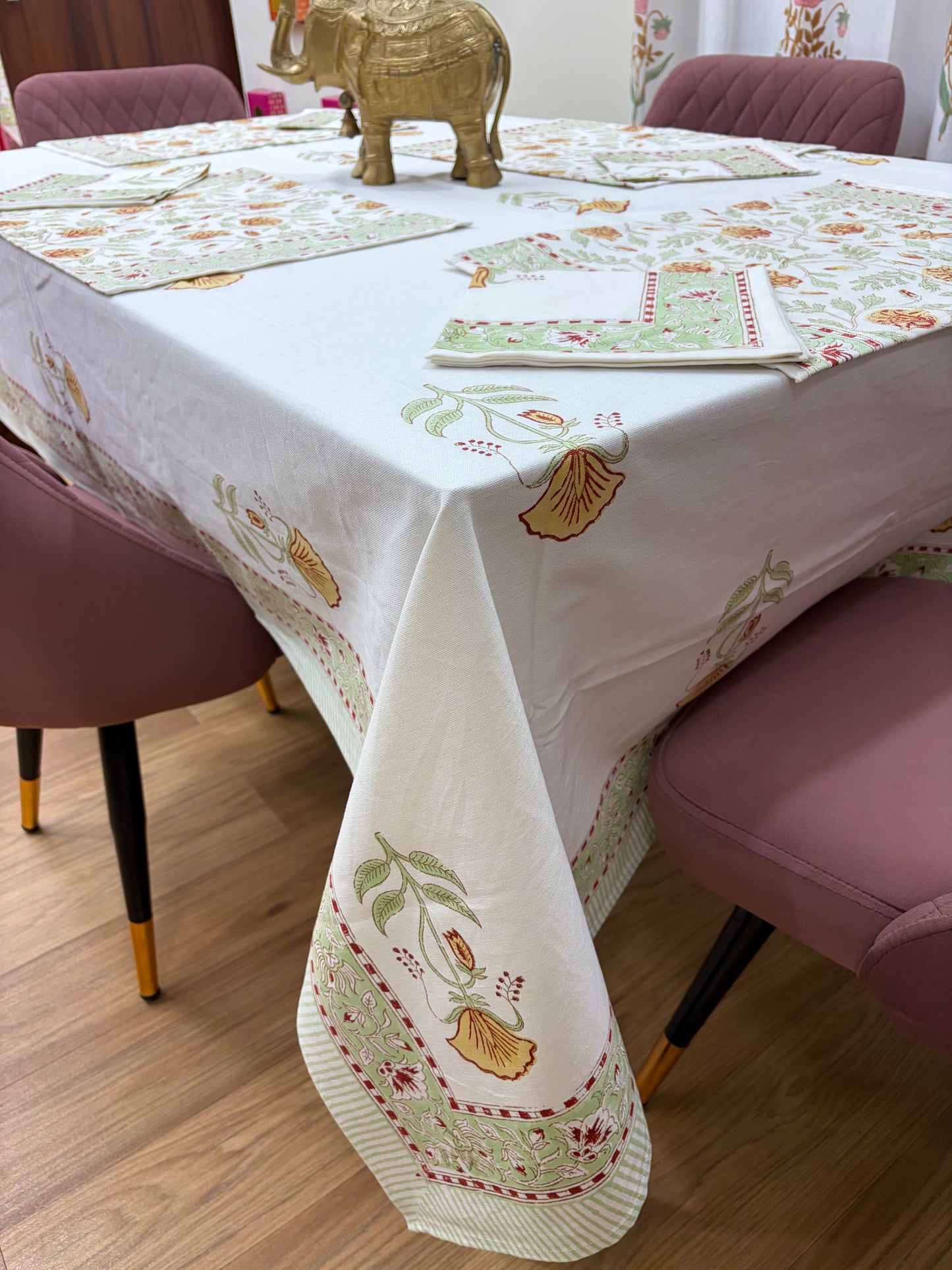 Yellow Green Mughal Jaal Table Cover, Mat & Napkin Set