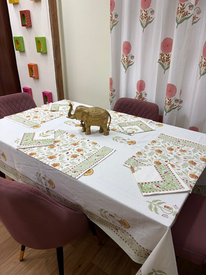 Yellow Green Mughal Jaal Table Cover, Mat & Napkin Set