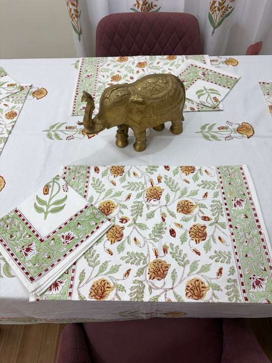 Yellow Green Mughal Jaal Table Cover, Mat & Napkin Set