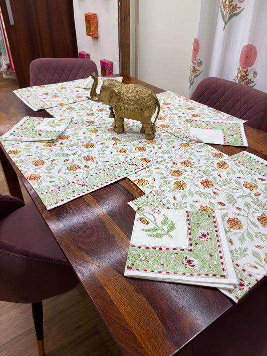 Yellow Green Mughal Jaal Table Runner, Mat & Napkin Set