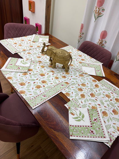 Yellow Green Mughal Jaal Table Runner, Mat & Napkin Set