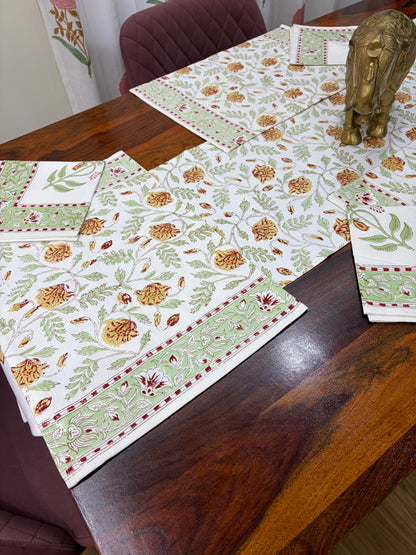 Yellow Green Mughal Jaal Table Runner, Mat & Napkin Set