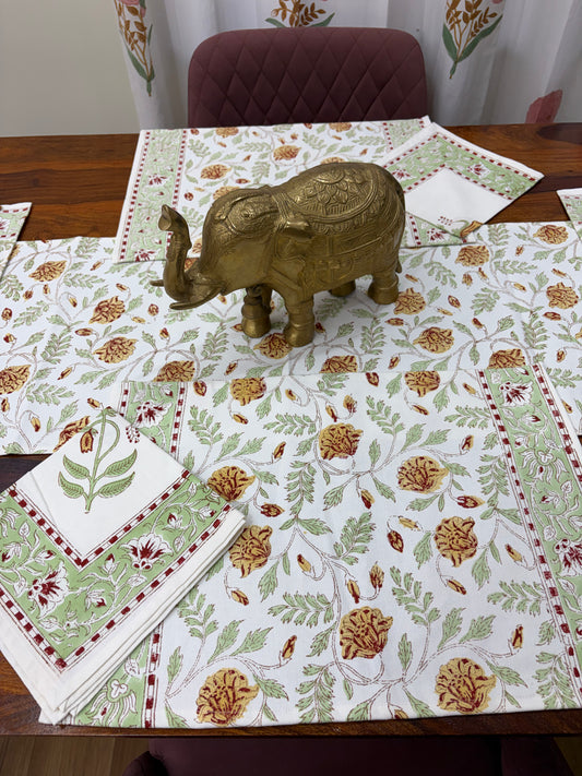 Yellow Green Mughal Jaal Table Runner, Mat & Napkin Set