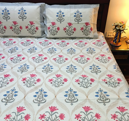 Pink Blue Kaneri Jaal Percale Bedsheet