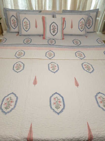 Pink Blue Jasmine Mirror Bedsheet & Bedcover Set
