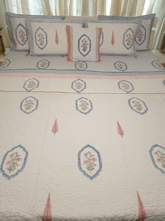 Pink Blue Jasmine Mirror Bedsheet & Bedcover Set