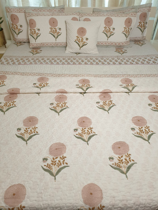 Peach Marigold Bedsheet & Bedcover Set